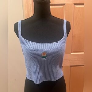 La Hearts Y2K Blue Knit Crop Tank Top w/Flower Patch Cotton Coquette Preppy Med